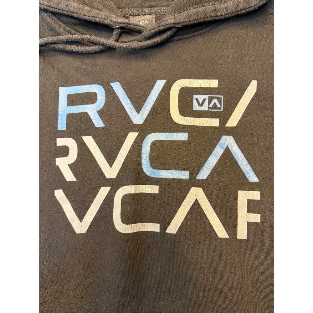 RVCA Hoodie Mens Medium Black Pullover Fleece Sweatshirt Graphic Logo Front - Picture 2 of 6